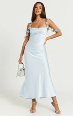 Lyka Midi Dress - Floral Straps Satin Dress in Light Blue