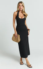 Murray Midi Dress - Deep U Halter Neck Dress in Black
