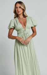 Matteo Midi Dress - Deep V Neck Puff Sleeve Dress in Sage