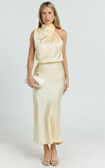 Minnie Midi Dress - Drape Neck Satin Slip Dress in Butter Yellow