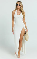 Nikola Midi Dress - Plunge Halter High Split Knit Dress in Cream
