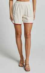 Josie Shorts - Linen Look Red Trim Detail Shorts in Cream & Red Print