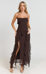 Connie Midi Dress - Ruffle Detail Dress in Chocolate