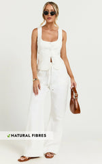 Hamilton Linen Blend Pants - Straight Elasticated Mid Waist Pants in White