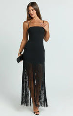Evie Maxi Dress - Crepe Fringed Shift Dress in Black