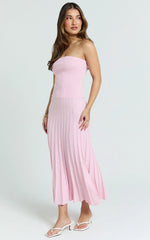 Paris Midi Dress - Strapless Drop Waist Pleated Knit Dress in Pink