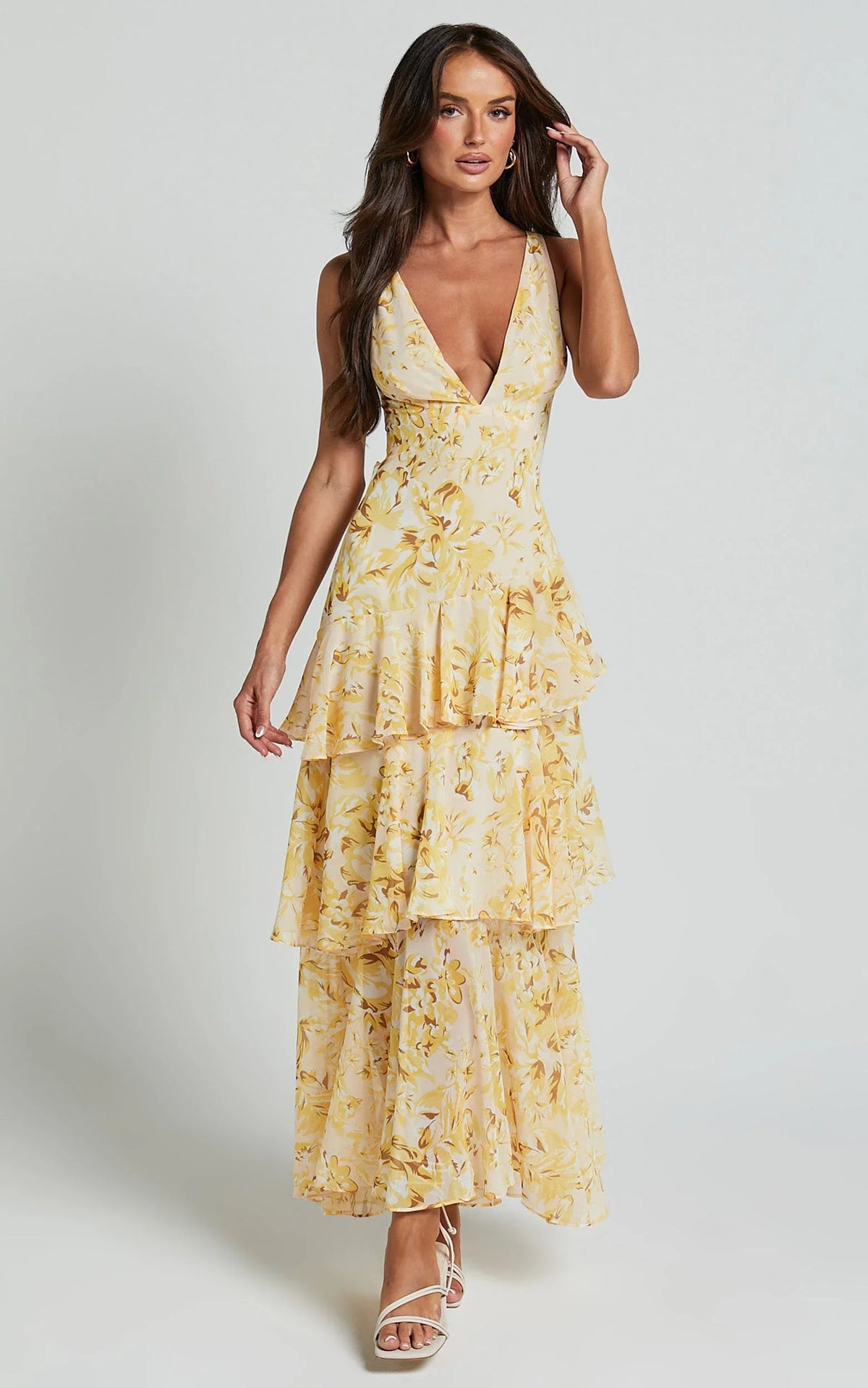 Beryl Midi Dress - Deep V Neck Sleeveless Layered Dress in Yellow Floral