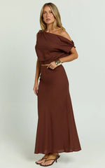 Collins Midi Skirt - Linen Look High Waisted Linen Look Bias Slip Skirt in Chocolate