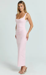 Benita Midi Dress - Scoop Neck Ruched Fitted Dress in Pink