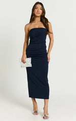 Calanthe Midi Dress - Strapless Tuck Detail Dress in Navy
