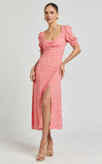 Marcel Midi Dress - Sweetheart Puff Sleeve Thigh Split Dress in Coral
