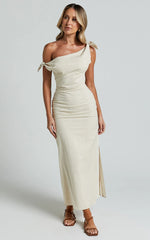 Cincinnati Midi Dress - Off The Shoulder Side Split Column Linen Dress in Beige