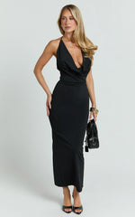 Roxanne Midi Dress - Low Cowl Open Back Slip Dress in Black