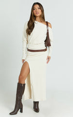 Alyce Midi Dress - Jersey Asymmetric Ruched Bodycon Dress in Off White