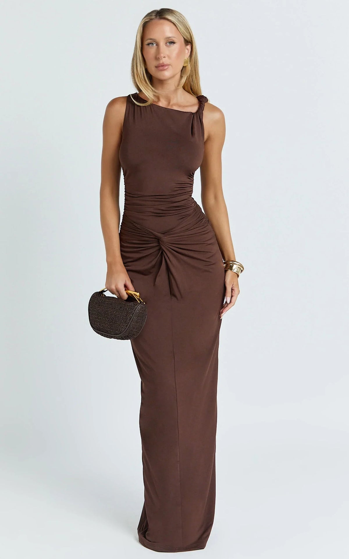 Ginny Maxi Dress - Jersey Ruched V Waist Dress in Chocolate