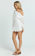 Hayes Mini Dress - Off Shoulder Bellow Top Flip Skirt Dress in White