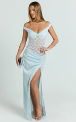 Elara Maxi Dress - Lace Ruched Side Split Dress in Soft Blue