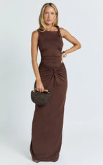 Ginny Maxi Dress - Jersey Ruched V Waist Dress in Chocolate