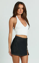 Jenny Mini Skirt - Side Split Denim Skirt with Zip Hardwear in Black Wash