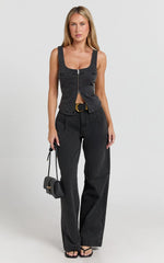 Bellerose Top - Front Zip Denim Fitted Top in Washed Black