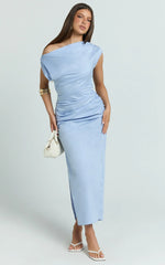 Kane Midi Dress - Tipped Shoulder Cotton Draped Dress in Cornflower Blue