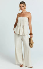 Carli Two Piece Top and Pants Set - Cotton Tube Pant Set in Beige