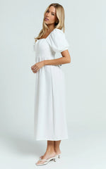 Quinn Midi Linen Blend Dress - Puff Sleeve Square Neck Dress in White