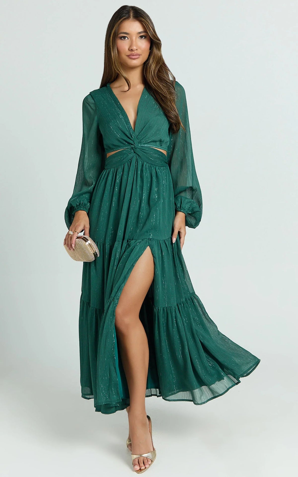 Edelyn Midi Dress - Cut Out Balloon Sleeve Tiered Dress in Emerald