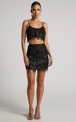 Khrizza Mini Skirt - Sequin Diamond Mesh Skirt in Black