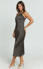 Aria Midi Dress - One Shoulder Twist Detail Satin Bias Cut Dress in Espresso