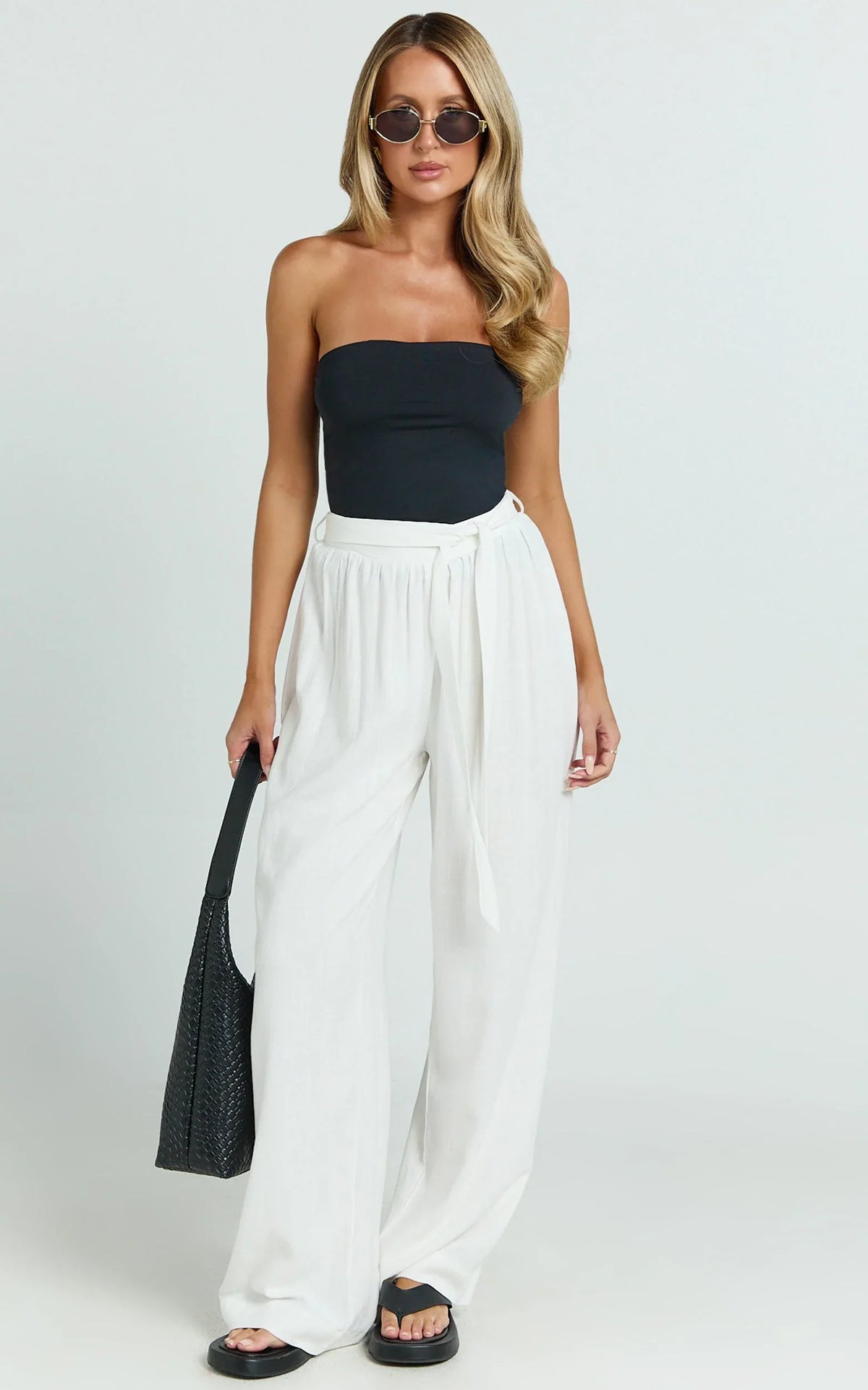 Kalli Pants - Linen Look Belted Wide Leg Relaxed Pants in White