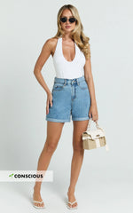 Cristiana Shorts - High Waisted Cuffed Denim in Blue