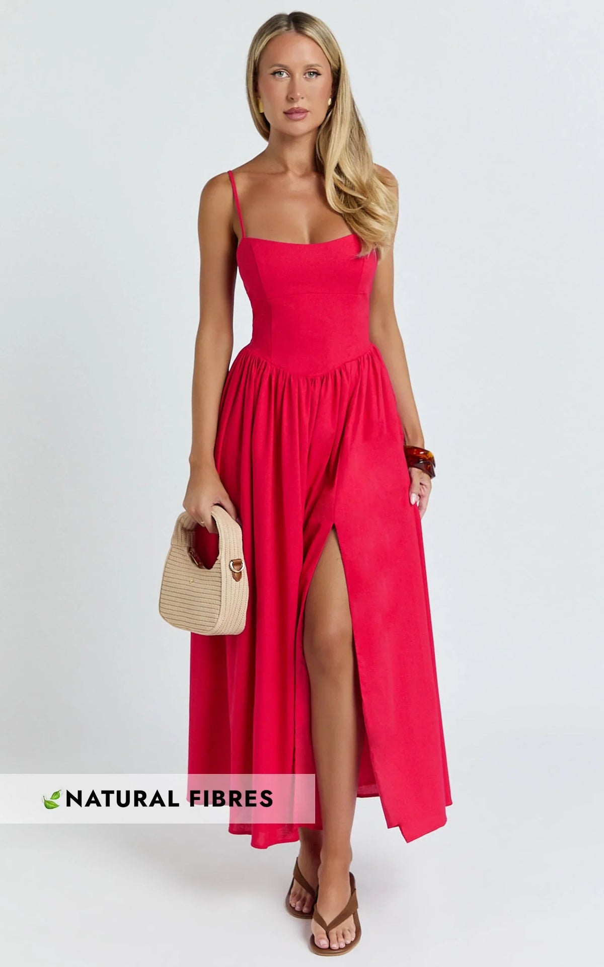 Morris Midi Dress - Linen Scoop Neck Gathered Dress in Red