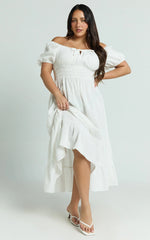 Claritza Midi Dress - Linen Look Short Puff Sleeve Square Neck Tiered Dress in White