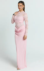 Crisanta Maxi Dress - Long Sleeve Contrast Lace Bodycon Dress in Pink