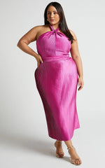 Marlette Midi Dress - Pleated Open Back Halter Dress in Grape