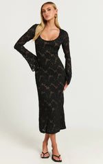 Kathy Midi Dress - Scoop Neck Long Sleeve Jacquard Textured Dress in Black