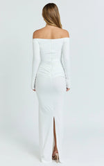 Judith Maxi Dress - Boat Neck Backless Tie Front Long Sleeve Jersey Dress in Cream