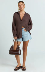 Leanne Top - Button Down Linen Blend Long Sleeve Shirt in Chocolate