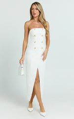 Carson Midi Dress - Strapless Double Breasted Wrap Fitted Dress in Off White
