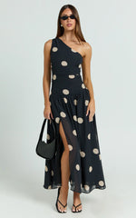 Darlynne Midi Dress - One Shoulder Dress in Black Polkadot