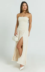 Harlee Maxi Dress - Strapless Drop Waist Knit Bodice Full Gathered Skirt Dress in Cream