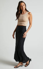 Collins Midi Skirt - Linen Look High Waisted Linen Look Bias Slip Skirt in Black
