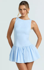 Izira Mini Dress - Boat Neck Drop Waist Shift Dress in Blue