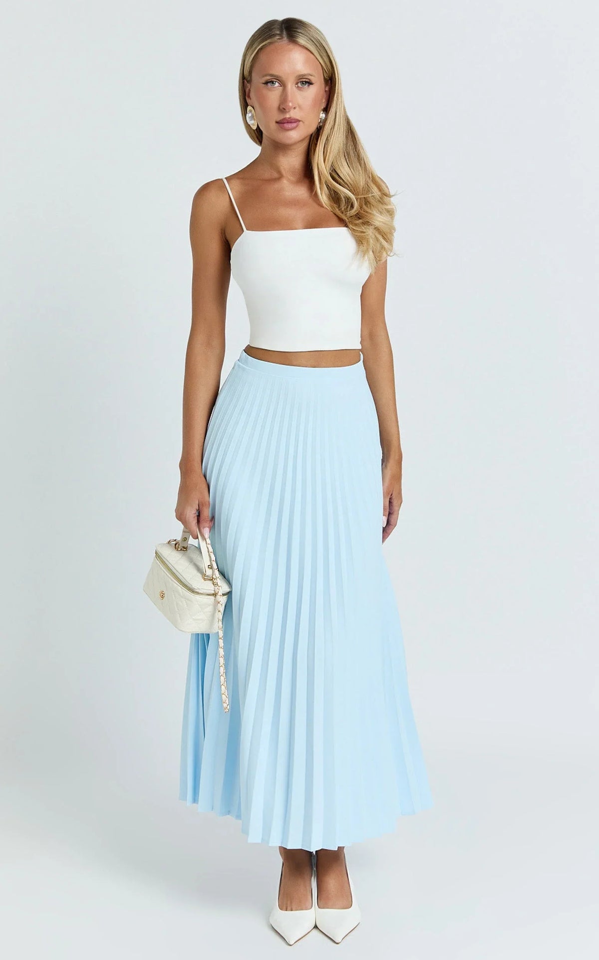 Harlee Midi Skirt - Pleated High Waist A Line Skirt in Pastel Blue