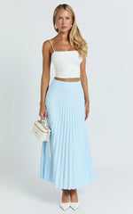 Harlee Midi Skirt - Pleated High Waist A Line Skirt in Pastel Blue