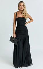 Cardi Maxi Dress - Ruched Mesh High Leg Split Dress in Black