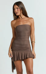 Haylee Mini Dress - Mesh Strapless Drop Waist Dress in Chocolate