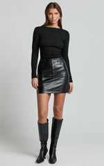 Alyse Top - Ribbed Long Sleeve Ruched Top in Black