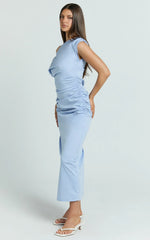 Kane Midi Dress - Tipped Shoulder Cotton Draped Dress in Cornflower Blue